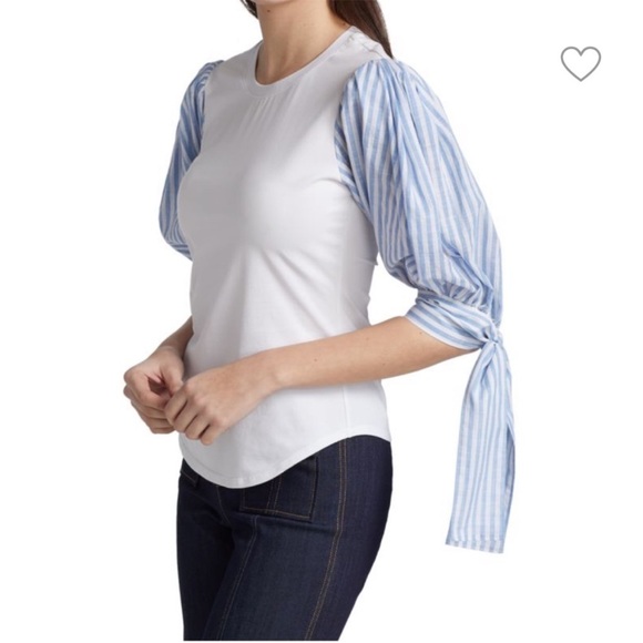 Cinq a Sept Carlie Top White W/ Contrast Blue Striped Sleeves - Picture 1 of 13